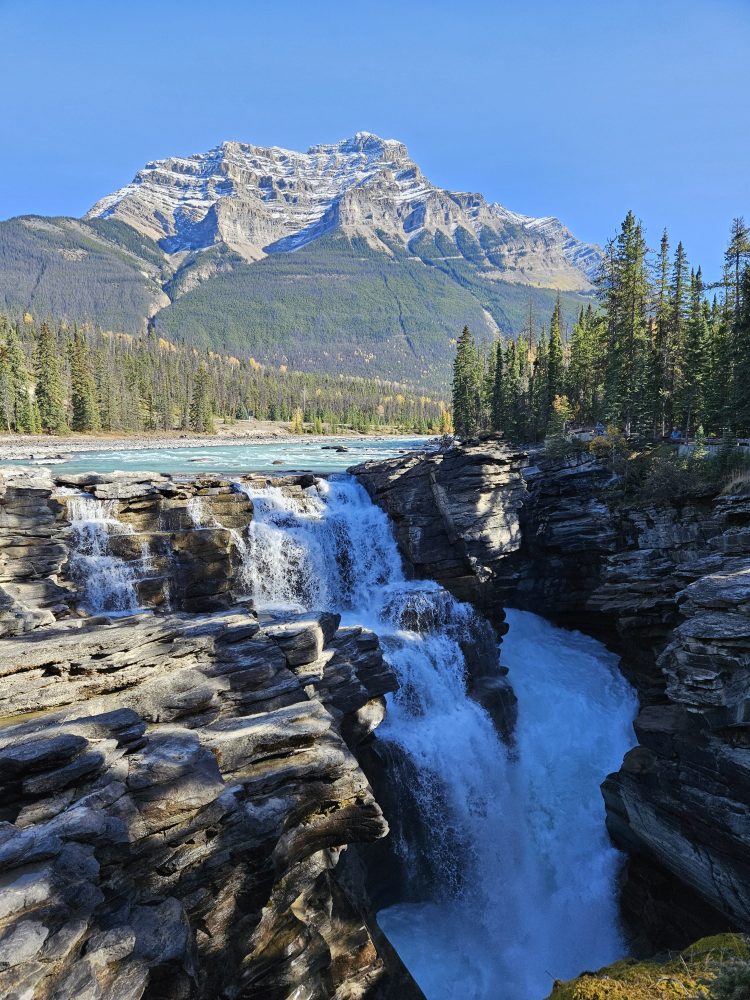 A waterfall cascading into a canyon on The Icefields Parkway